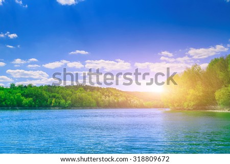 Beautiful river landscape. Dniester river in Bakota Ukraine in nice day