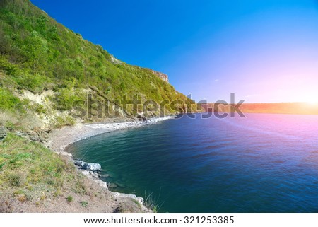 Coast of the big river under sunshine. Beautiful river bank with green trees and bushes
