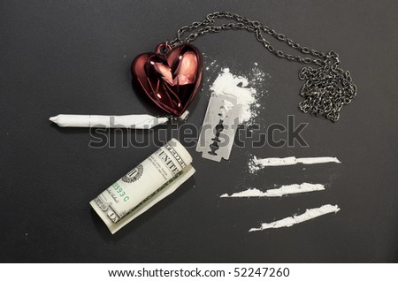 Tableau of drugs :cocaine, razor, cocaine lines, one dollar, joint, heart