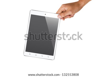 isolated hand holding tablet, to replace screen with images.