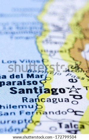 a close up shot of Santiago on map, capital of Chile.
