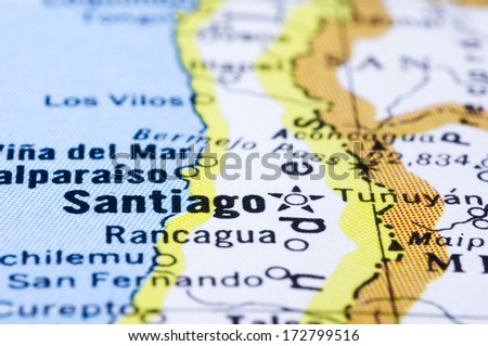 a close up shot of Santiago on map, capital of Chile.