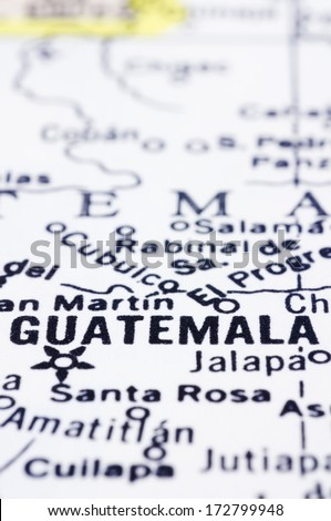 a close up shot of Guatemala city on map, Guatemala, central america.
