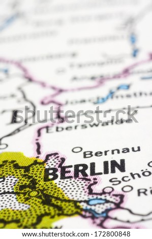 Berlin, a close up shot of capital of Germany on map.