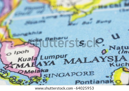 Malaysia close up on map, southeast asia countries.