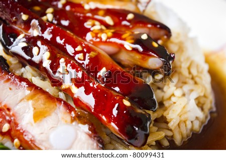 chinese style barbecue pork ribs with rice, popular in asian countries, picture taken in singapore.