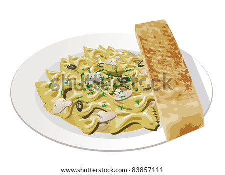 realistic pasta in vector format. A cropped view is showed, Pasta, plate and bread are intact.