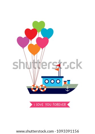 cute ship boat i love you card with balloon