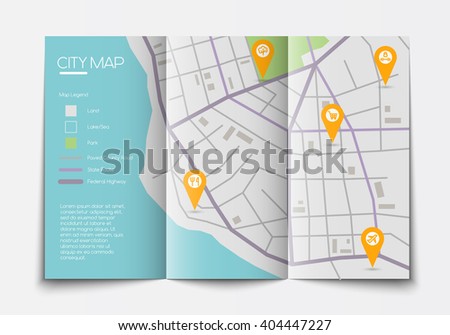 Vector flat paper city map lying open, top view, abstract map with legend