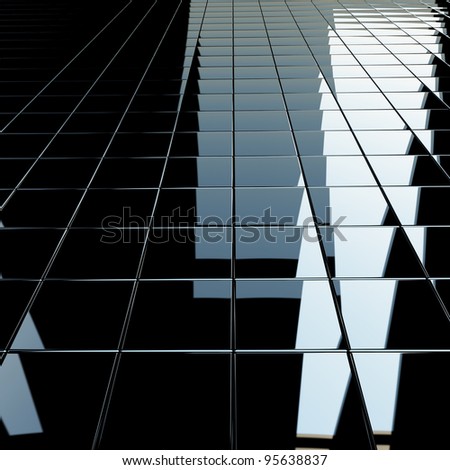 Glossy background made of black flat cubes with strong reflection. High resolution 3d-rendering, square format