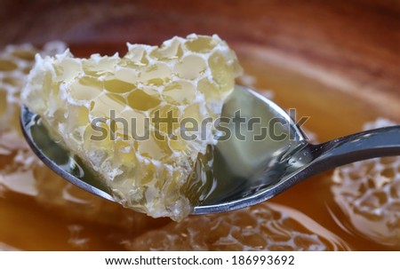 Piece of honey Comb with honey on spoon over white background