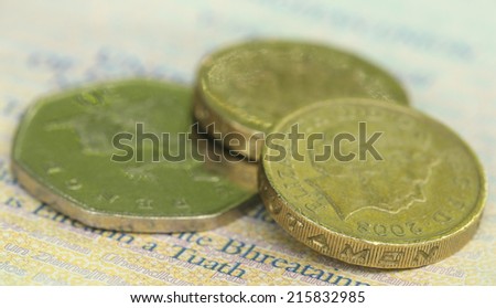 Close up of British Pound coins with bank notes