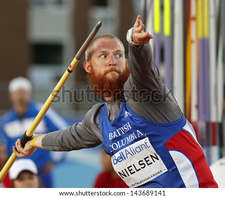 MONCTON, CANADA - June 22: Kyle Nielsen shows his form en route to winning the javelin throw at the Canadian Track & Field Championships June 22, 2013 in Moncton, Canada.