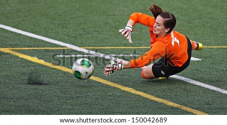 SHERBROOKE, CANADA - August 7: Women\'s soccer keeper Nicole McInnis of Prince Edward Island makes a save at the Canada Games August 7, 2013 in Sherbrooke, Canada.