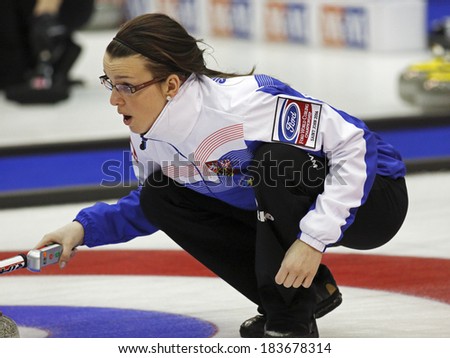 SAINT JOHN, CANADA - March 19: Klara Svatonova of Czech Republic follows the stone at the Ford World Women\'s Curling Championship March 19, 2014 in Saint John, Canada.