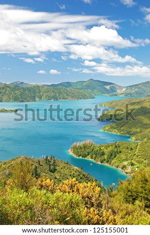 The Marlborough Sounds - extensive network of sea-drowned valleys created by a combination of land subsidence and rising sea levels at the north of the South Island of New Zealand.