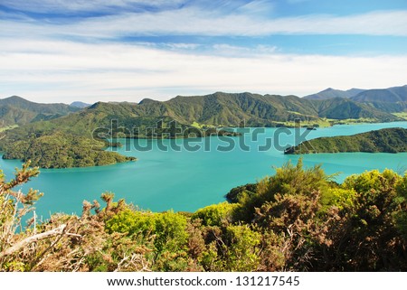 The Marlborough Sounds - extensive network of sea-drowned valleys created by a combination of land subsidence and rising sea levels at the north of the South Island of New Zealand.