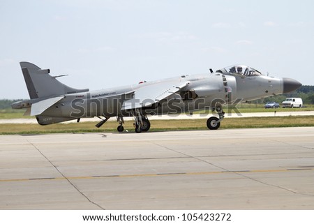 ROCKFORD, IL - JUNE 3: A military Harrier airplane in preparation of taking off at the annual Rockford Airfest on June 3, 2012 in Rockford, IL