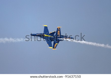 CHICAGO, IL - AUGUST 14: Blue Angels formation demonstrates flying skills and aerobatics at the annual Chicago Air and Water show on August 14, 2010 in Chicago, IL