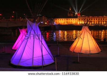 LYON, FRANCE - DECEMBER 10 : Festival of Lights in the streets of Lyon on December 10, 2010 in Lyon, France. The Festival expresses gratitude toward Mary, during 4 days around December 8 of each year
