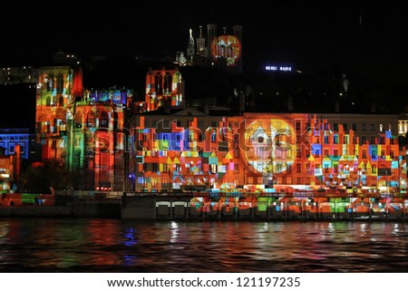 LYON, FRANCE - DECEMBER 6 : Festival of Lights on the monuments of Lyon on December 6, 2012 in Lyon, France. The Festival expresses gratitude toward Mary, mother of Jesus around December 8 each year
