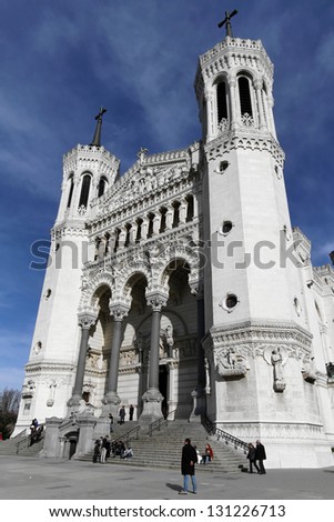 LYON, FRANCE - MARCH 9 : Renewed basilica of Fourviere on March 9, 2013 in LYON, FRANCE. The hill and basilica of Fourviere are the most visited place in Lyon.