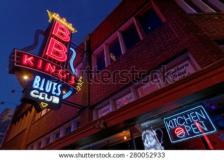 MEMPHIS, TENNESSEE, May 11, 2015 : City neon lights on Beale Street. Blues clubs and restaurants that line Beale Street are major tourist attractions in Memphis.