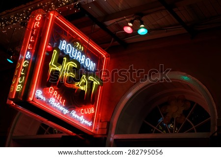 NEW ORLEANS, LOUISIANA, May 4, 2015 : Bourbon Street in the heart of New Orleans. Now mainly known for its bars and strip clubs, Bourbon Street\'s history provides a rich insight into New Orleans\'past