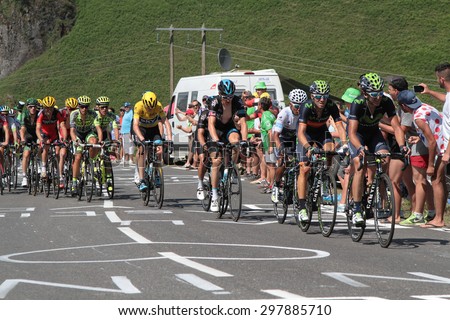 PIERRE SAINT-MARTIN, FRANCE, July 14, 2015 : The main peloton of favorites pursues the leaders in the last climb of the 10th stage of Tour de France to Pierre Saint-Martin.