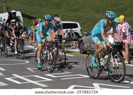 PIERRE SAINT-MARTIN, FRANCE, July 14, 2015 : The team Astana, with Vincenzo Nibali, races in the last climb of the 10th stage of Tour de France to Pierre Saint-Martin.