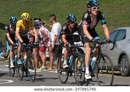 PIERRE SAINT-MARTIN, FRANCE, July 14, 2015 : The team Sky (Geraint Thomas, Ritchie Porte and Chris Froome) races in the last climb of the 10th stage of Tour de France to Pierre Saint-Martin.