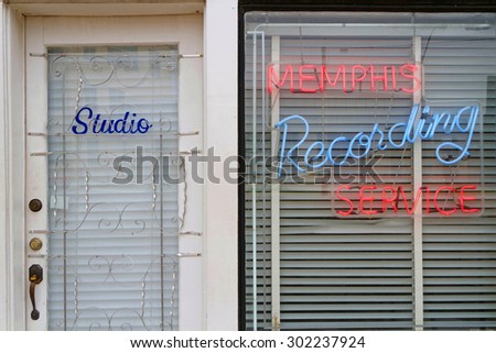 MEMPHIS, TENNESSEE, May 12, 2015 : Entrance of Sun Records Studio. In August 1953, Presley walked into the offices of Sun Records to record a two-sided acetate disc as a gift for his mother.