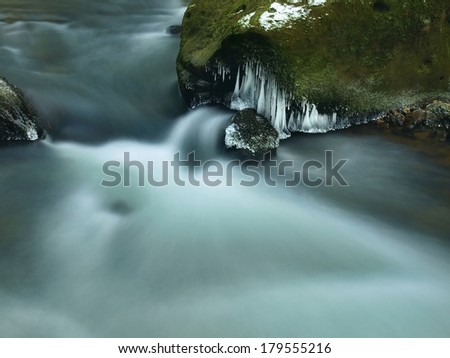 Dark cold water of mountain stream in winter time, long thin icicles are hanging on fallen trunk above milky water level.