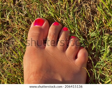 Woman leg with nice red polished nails lies on old cut grass, pink skin.
