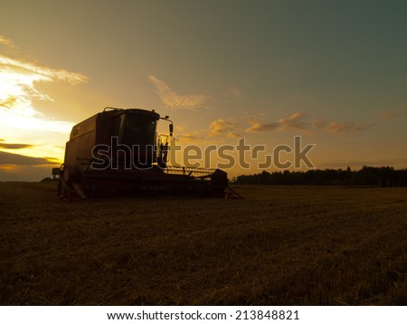 With the sun hanging low on the horizon, abandoned combine harvest wheat in the middle of a farm field. Morning yellow wheat field on the sunset cloudy orange sky background.