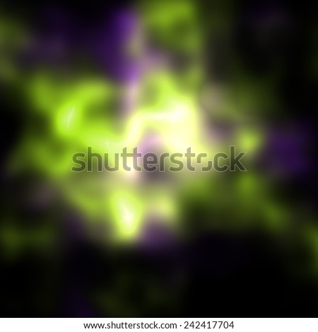 Colorful vivid explosion with blurred rays in dark space, huge misty energy release in black background