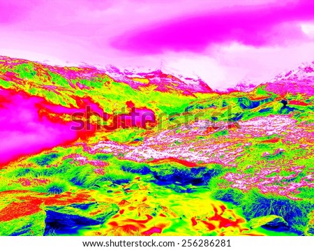 Rapid stream in mountains in infrared photo. Amazing thermography.  Hilly landscape in background.