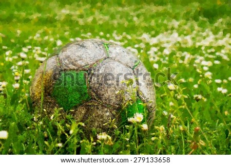 Aquarelle, Watercolor paint  Old football ball hidden in the high grass flower and weed filed.