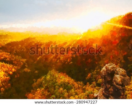 Watercolor paint. Paint effect. Autumn sunset view over sandstone rocks to fall colorful valley of Bohemian Switzerland.
