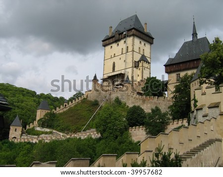 Karlstein Castle, home of Charles IV and the crown jewels, constructed in 1348 in the Bohemia, Czech Republic,