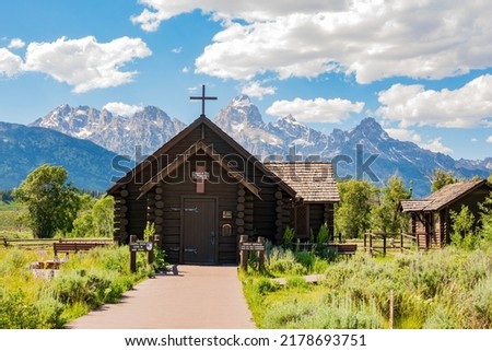 Sunny exterior view of the Chapel of the Transfiguration of Grand Teton National Park at Wyoming Сток-фото © 