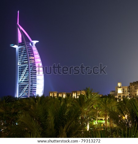 DUBAI - MAY 12: Burj al Arab hotel, one of the few 7 stars hotel in the world and one of the most recognized luxury symbol at night on MAY 12, 2011 in Dubai