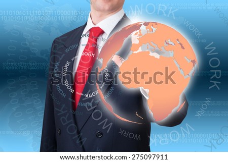 Businessman pointing at a terrestrial globe in a virtual screen with the word Work everywere