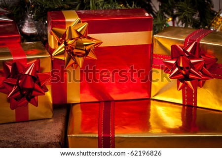 Decorated gift boxes under the Christmas tree