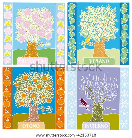 Landscape of different seasons summer, winter, spring, autumn, weather illustration in SPANISH