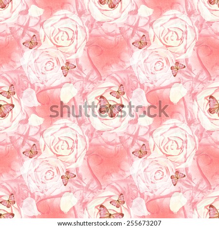 Watercolor natural handmade colorful floral pattern set with decorative roses and butterfly