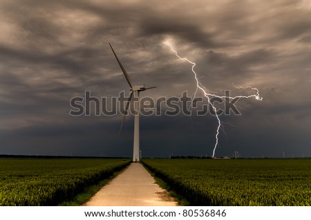Powerful lightning strikes wind turbine in the afternoon
