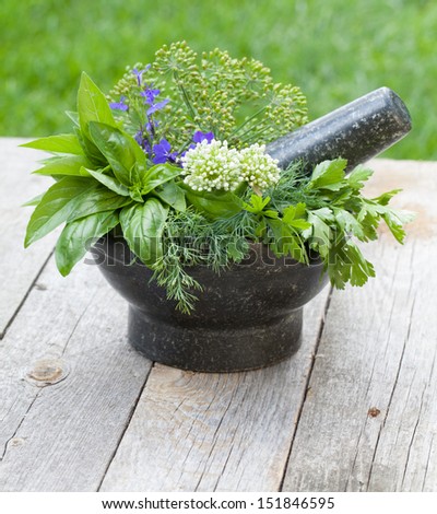 Fresh herbs in mortar on garden table
