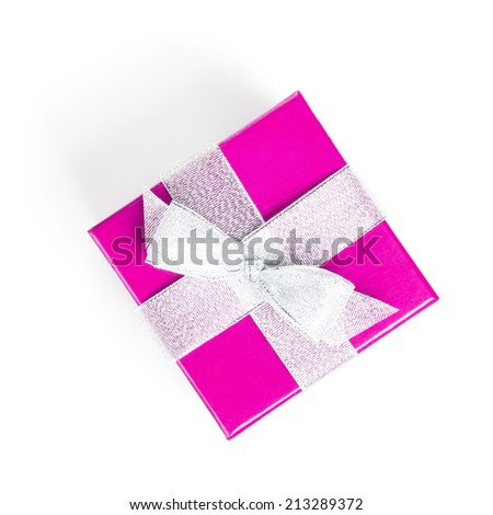 Purple gift box with silver ribbon. Isolated on white background. View from above