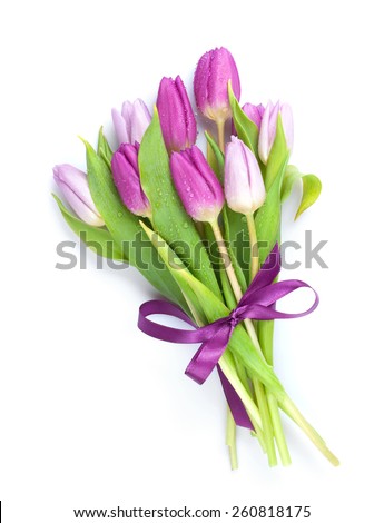 Purple tulips bouquet. Isolated on white background